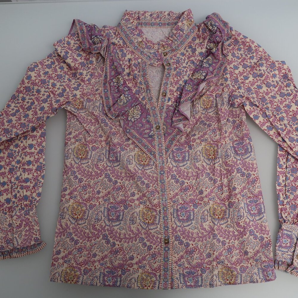 Pink Print Colored Shirt Blue Pink Purple Cotton Ruffled Shirt
